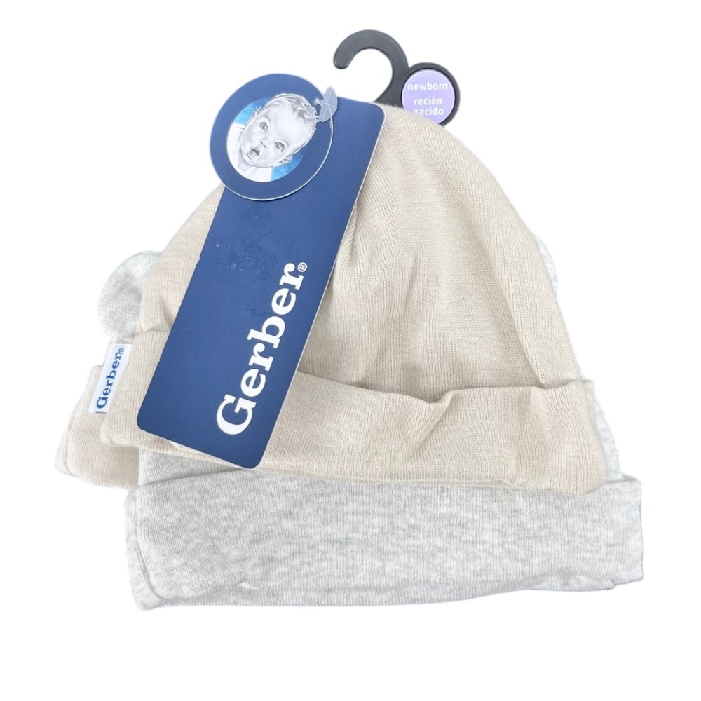Gerber Beanie Set Unisex Newborn Cream Grey 100% Cotton 3D Ears 3 Pack